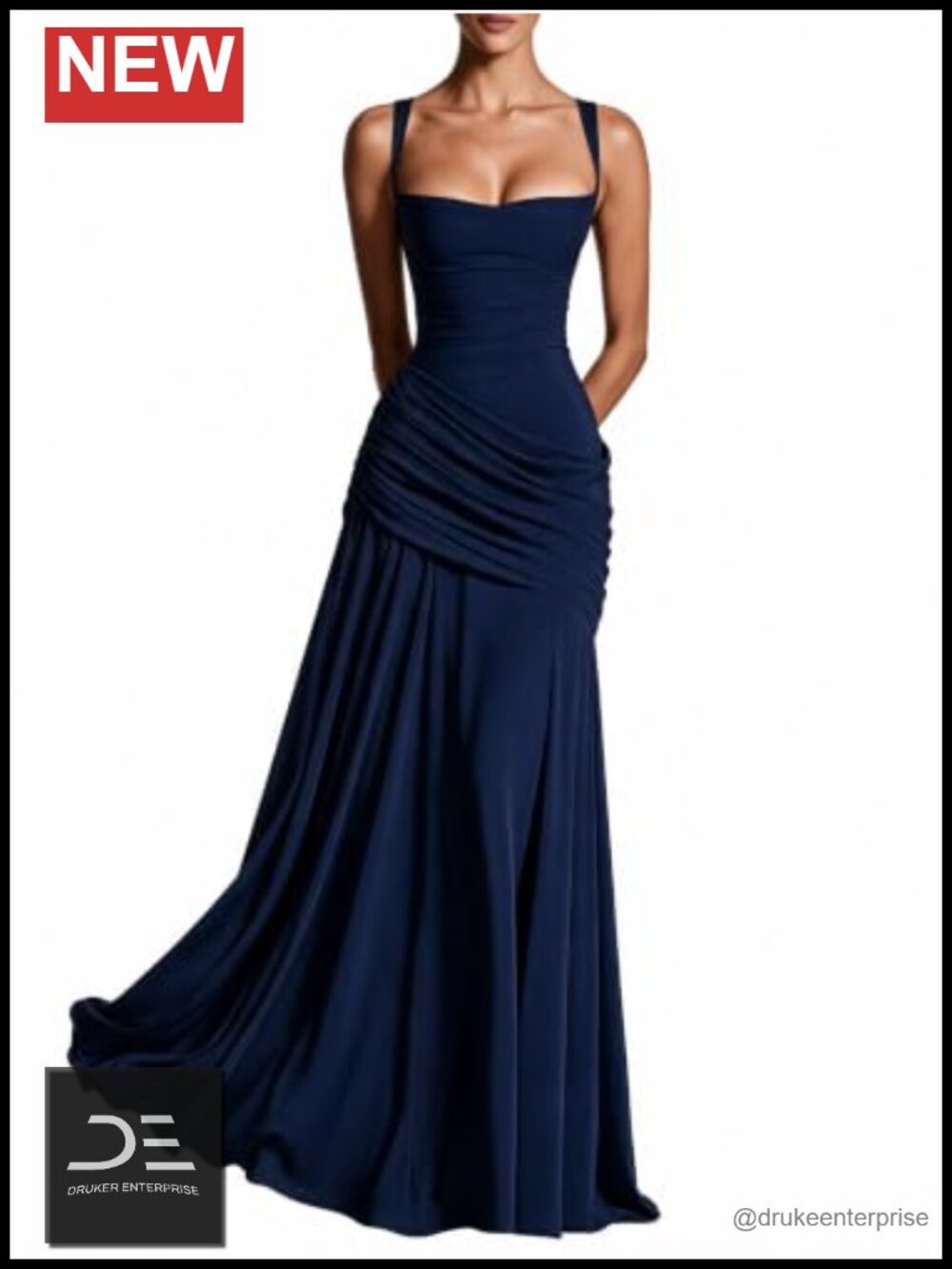 Ruched Maxi Formal Evening Gown Square Neck Backless Dress